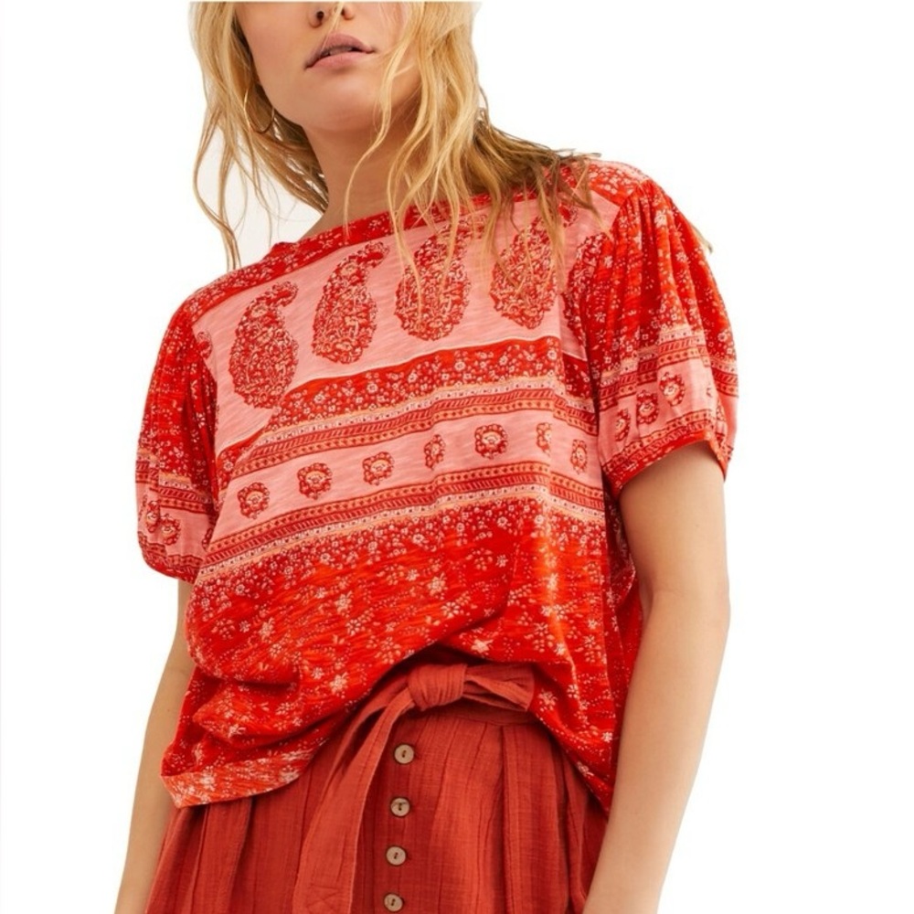 Free People Paisley Puff-Sleeve T-Shirt in Fruit Punch Combo XS